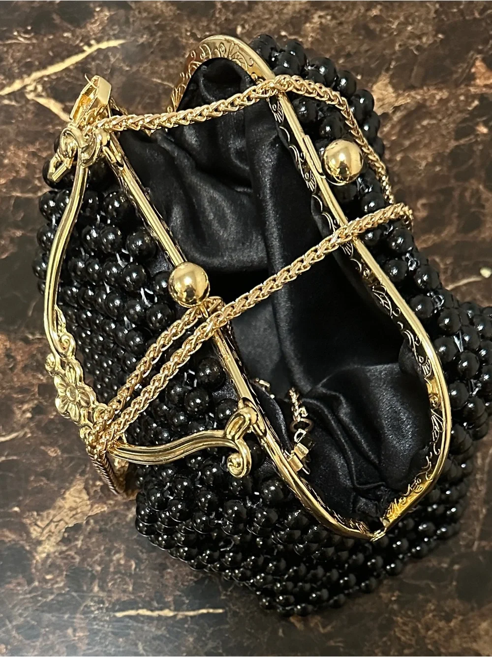 Gold-Trim Black Beaded Evening Clutch with Chain Strap